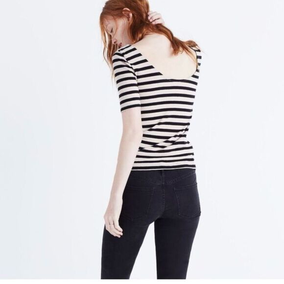 Madewell Women's XL Black Striped Scoop-Back Tee Short Sleeve Casual - Picture 2 of 7